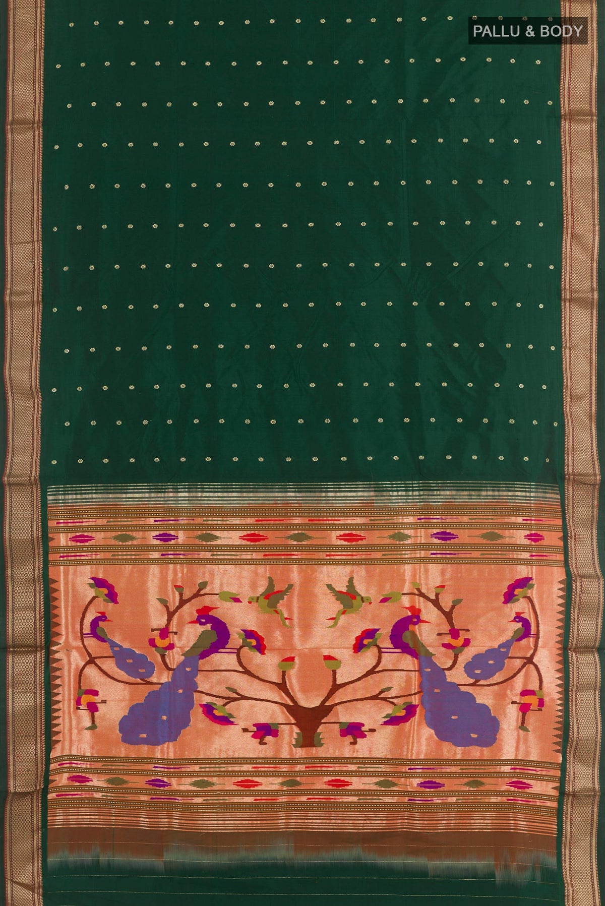 Flat view of Green Paithani Silk Saree with Zari Butta on the body and Zari Border. 