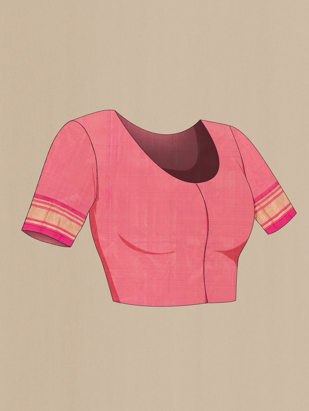 Close up image of the blouse of Pink Paithani Silk Saree with Zari Butta on the body and Zari Border. 