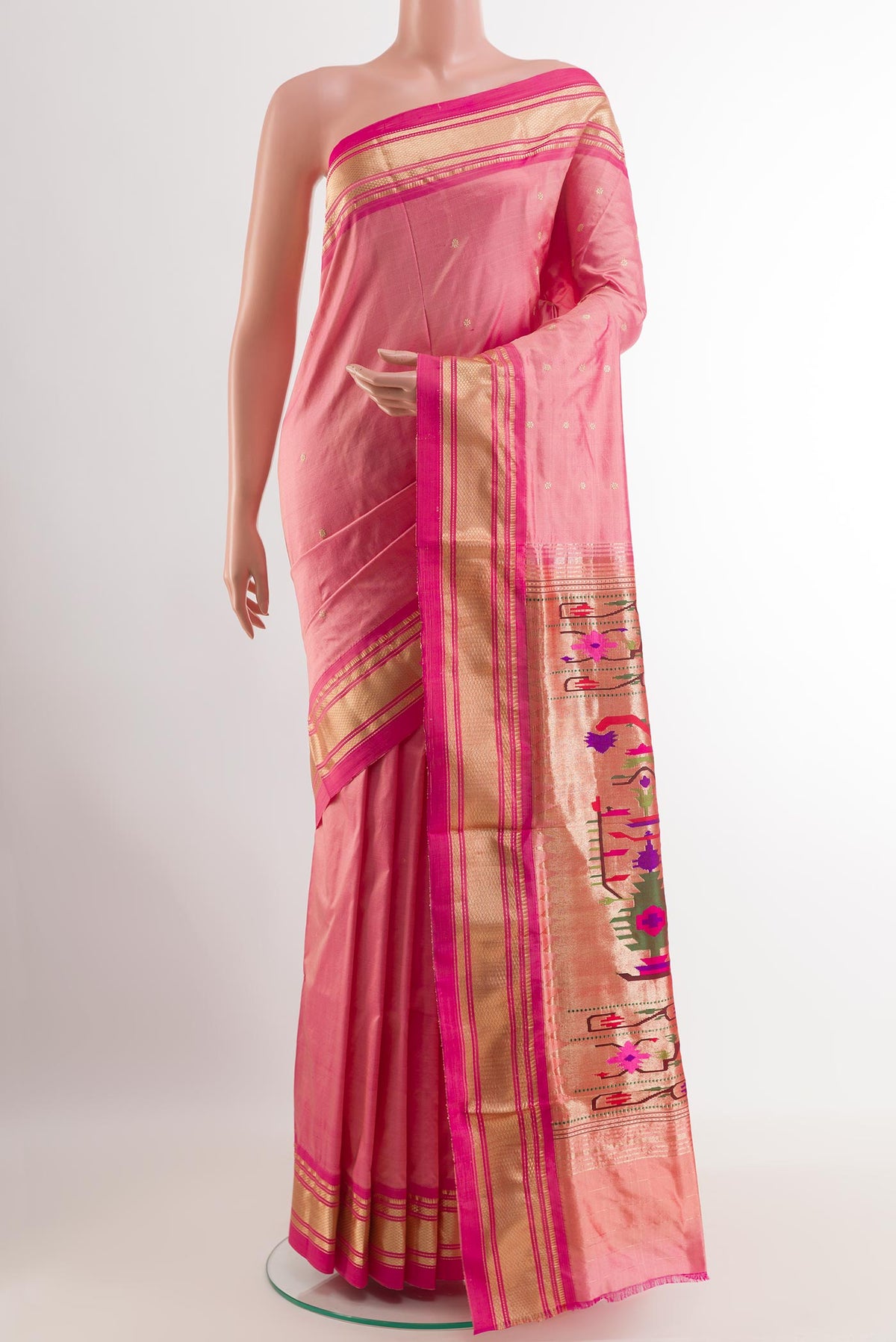 Pink Paithani Silk Saree with Zari Butta on the body and Zari Border.  displayed on a mannequin
