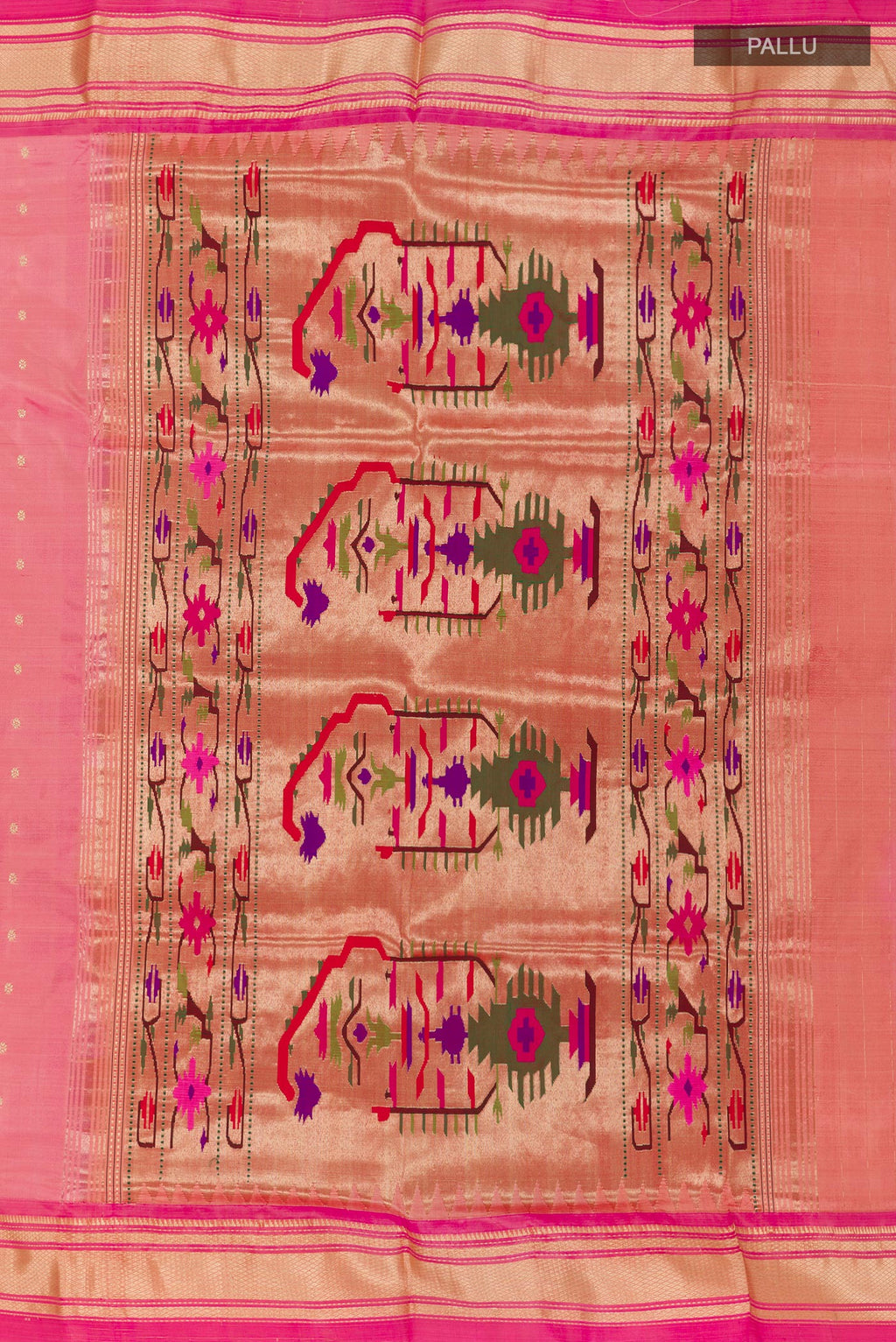 Close up image of the pallu of Pink Paithani Silk Saree with Zari Butta on the body and Zari Border. 
