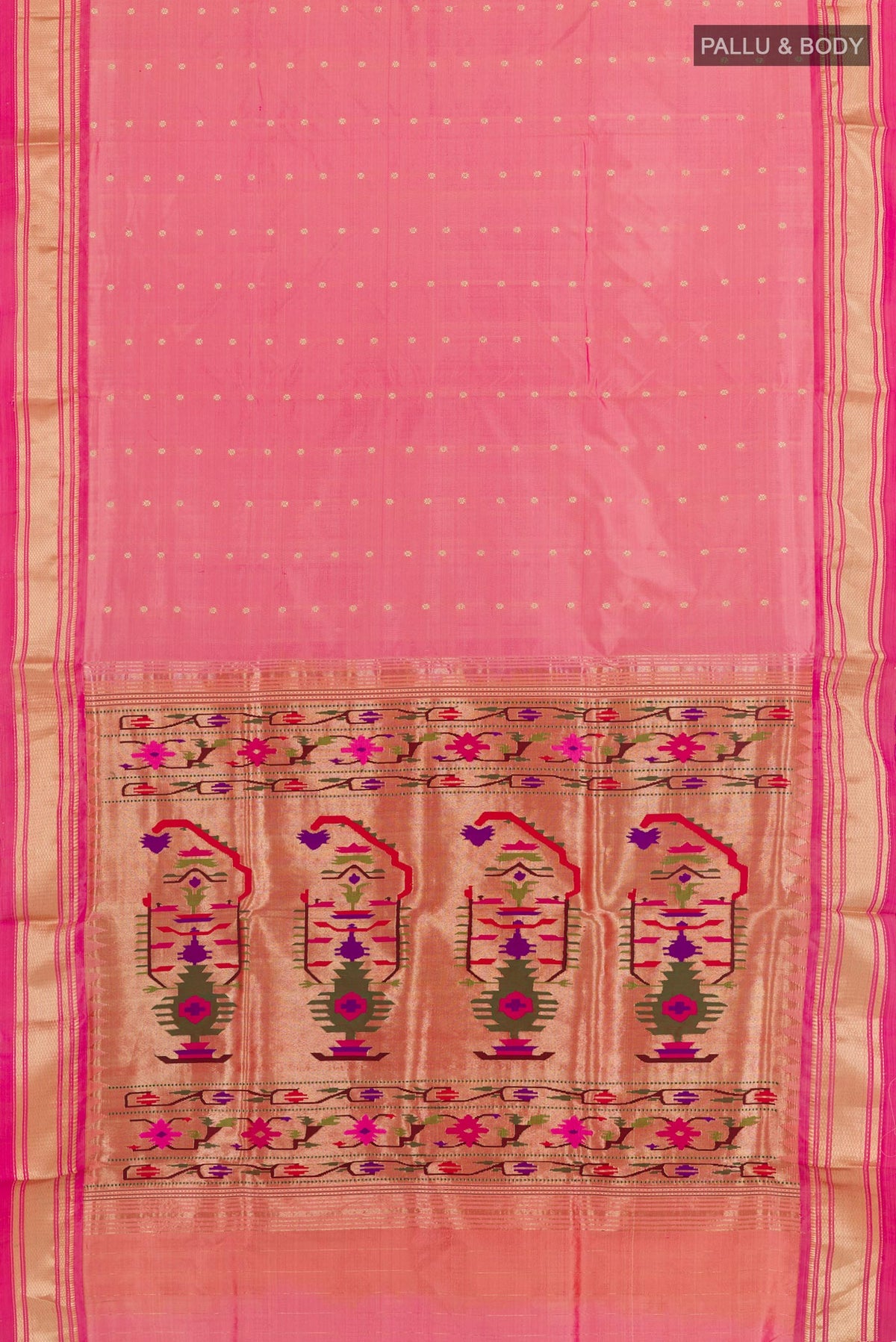 Flat view of Pink Paithani Silk Saree with Zari Butta on the body and Zari Border. 