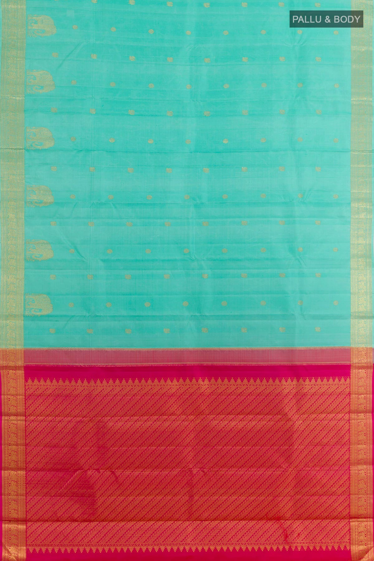 Flat view of Turquoise Kanjivaram Silk Saree with Zari Butta on the body and Zari Border. 