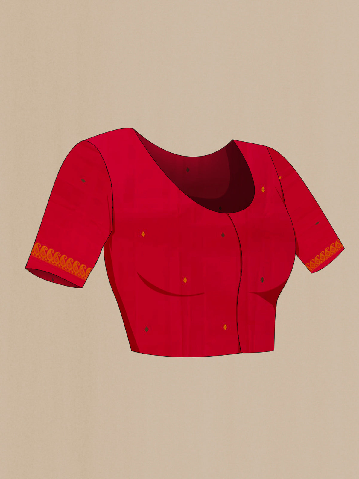 Close up image of the blouse of Red Kanjivaram Silk Saree with Jacquard design on the body and Plain Border. 
