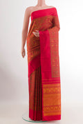 Red Kanjivaram Silk Saree with Jacquard design on the body and Plain Border.  displayed on a mannequin