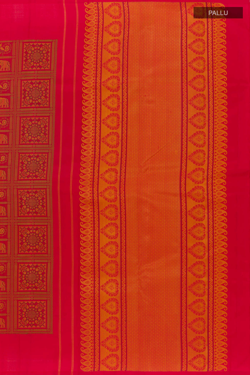 Close up image of the pallu of Red Kanjivaram Silk Saree with Jacquard design on the body and Plain Border. 