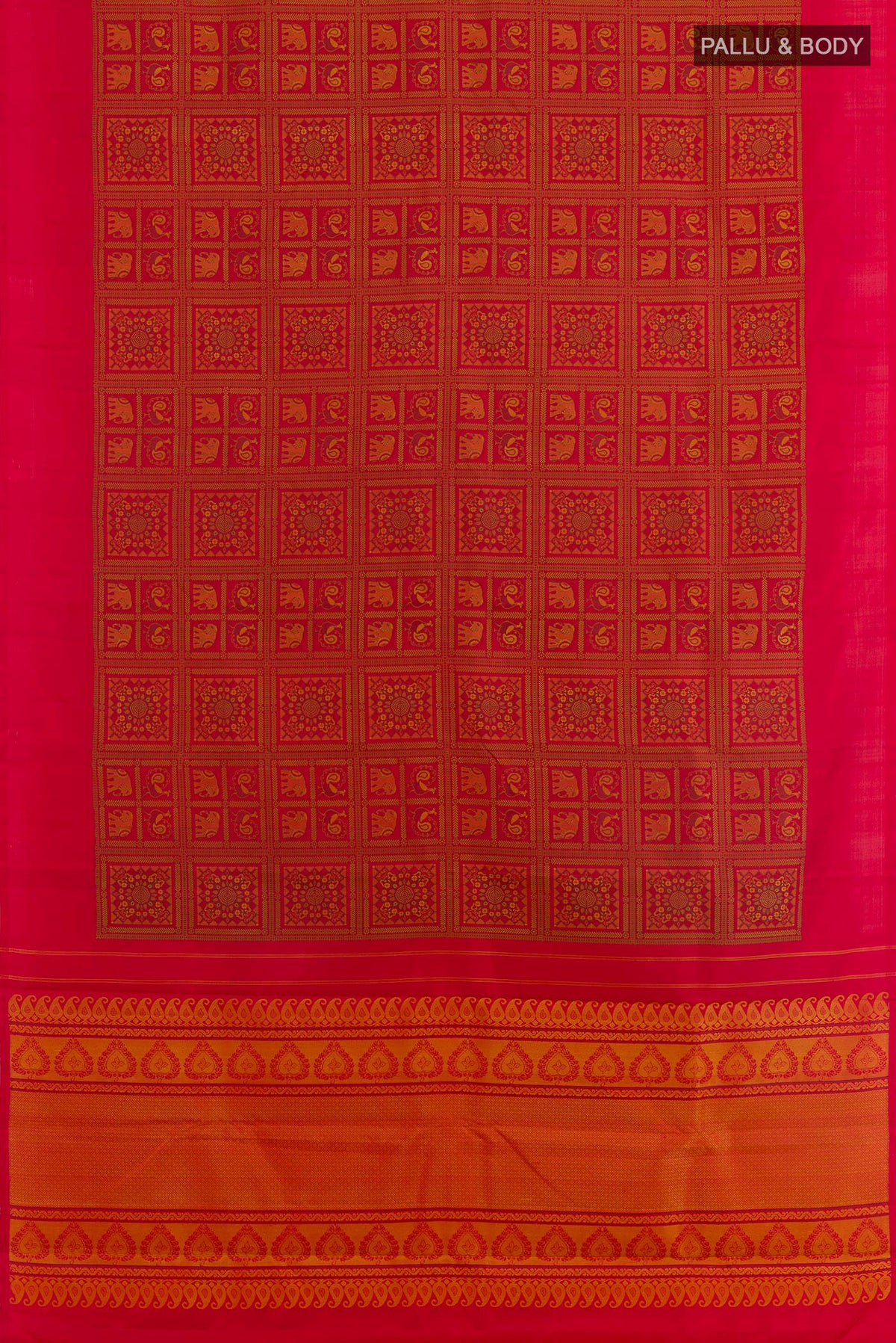 Flat view of Red Kanjivaram Silk Saree with Jacquard design on the body and Plain Border. 