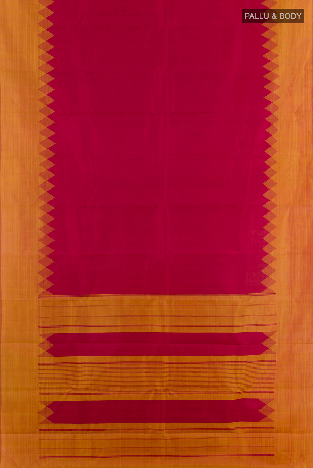 Flat view of Maroon Kanjivaram Silk Saree with Plain Body and Temple Border. 