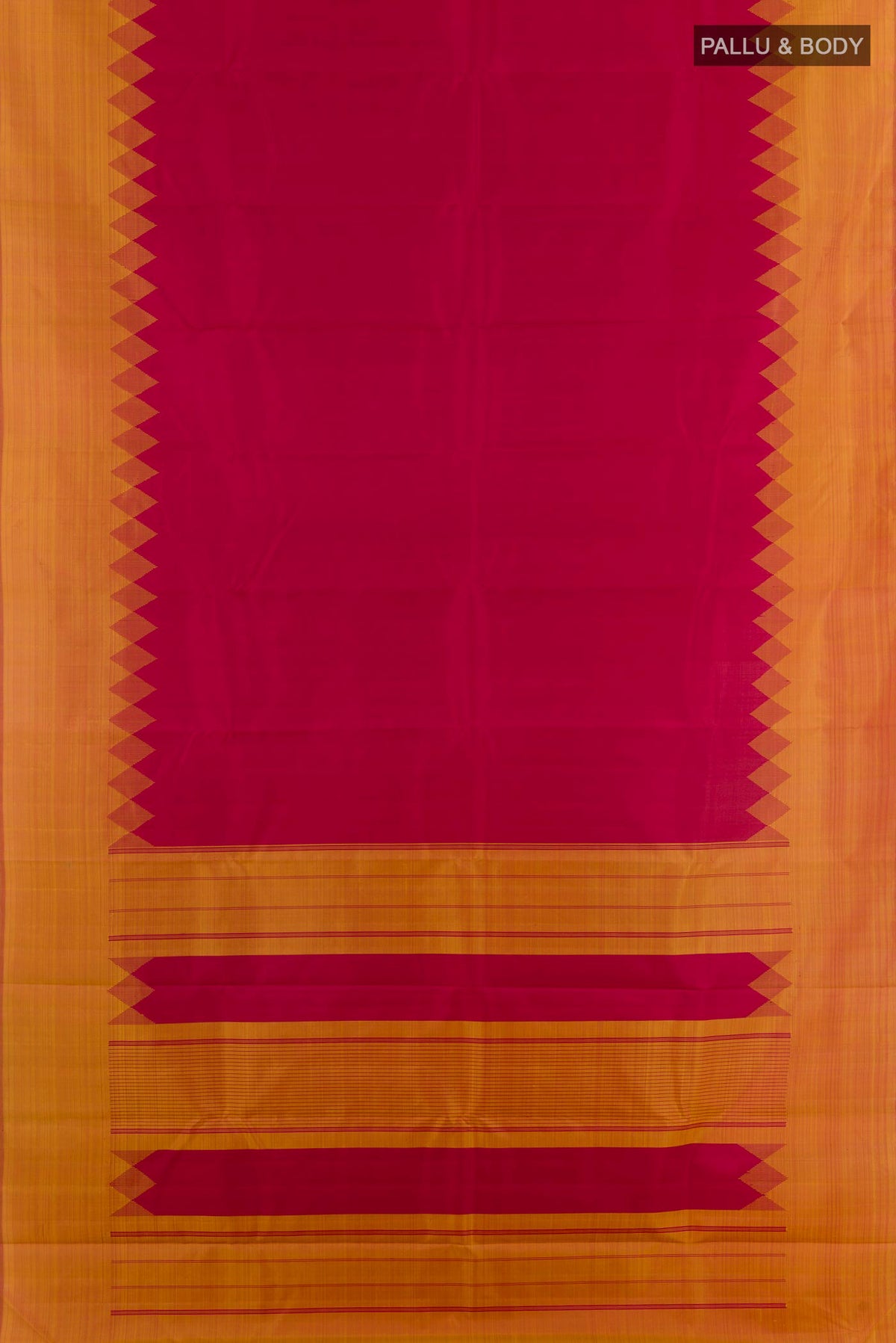 Flat view of Maroon Kanjivaram Silk Saree with Plain Body and Temple Border. 