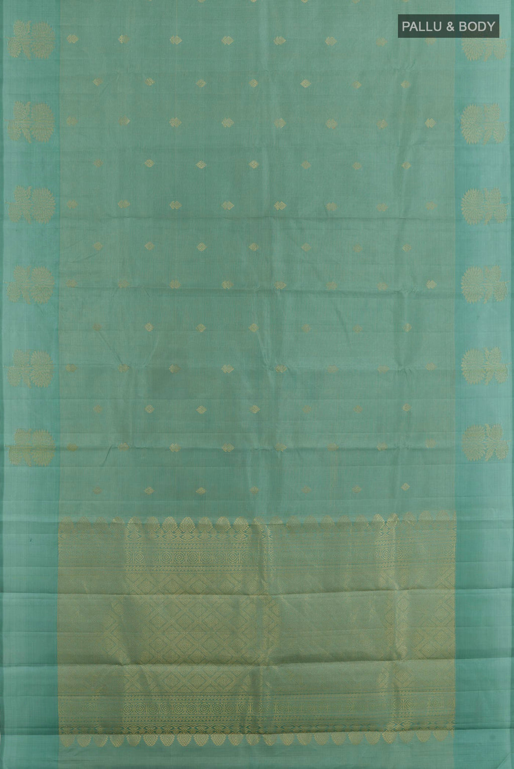 Flat view of Blue Grey Kanchipuram Silk Saree with Zari Butta on the body and Zari Border. 