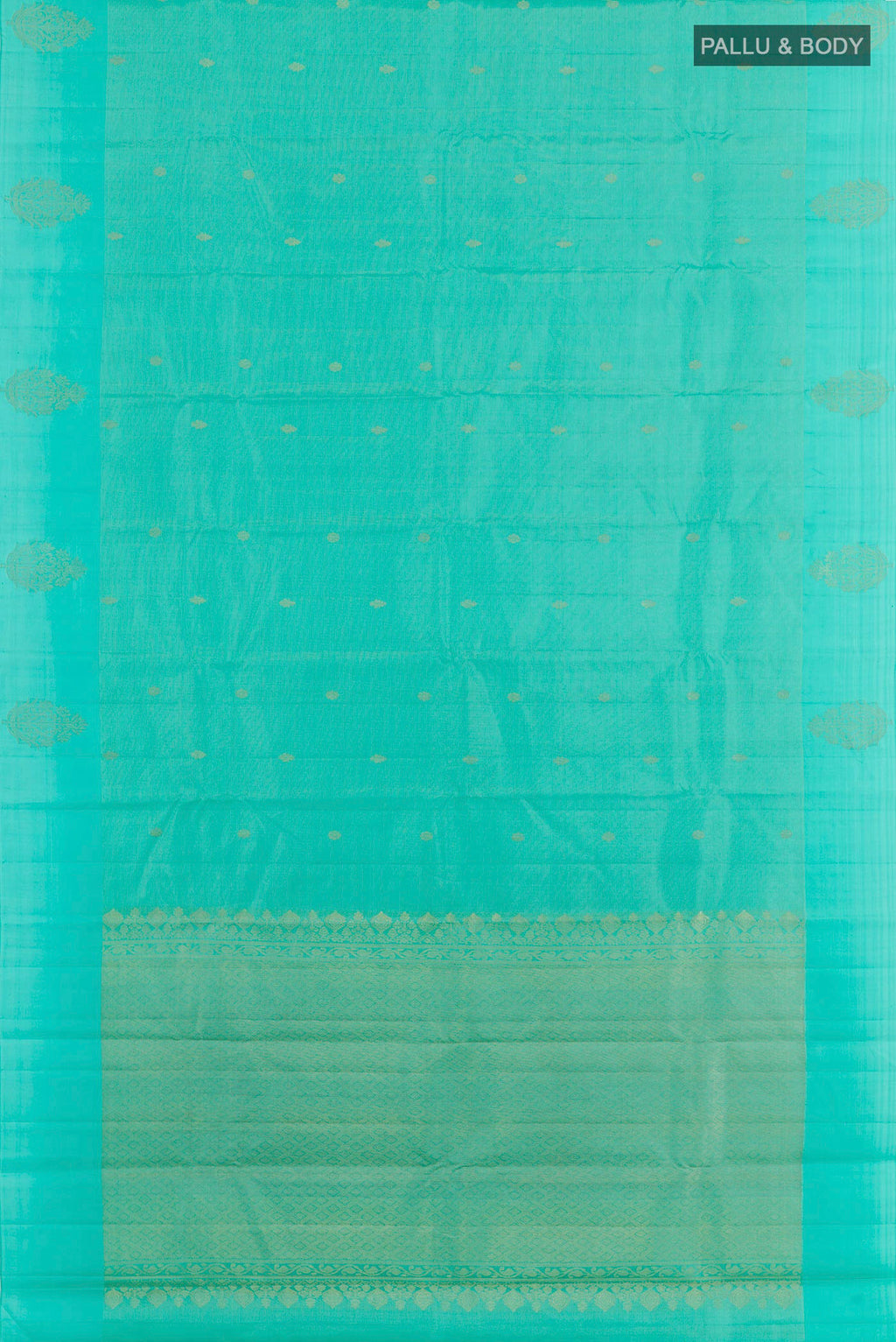 Flat view of Turquoise Kanchipuram Silk Saree with Zari Butta on the body and Zari Border. 
