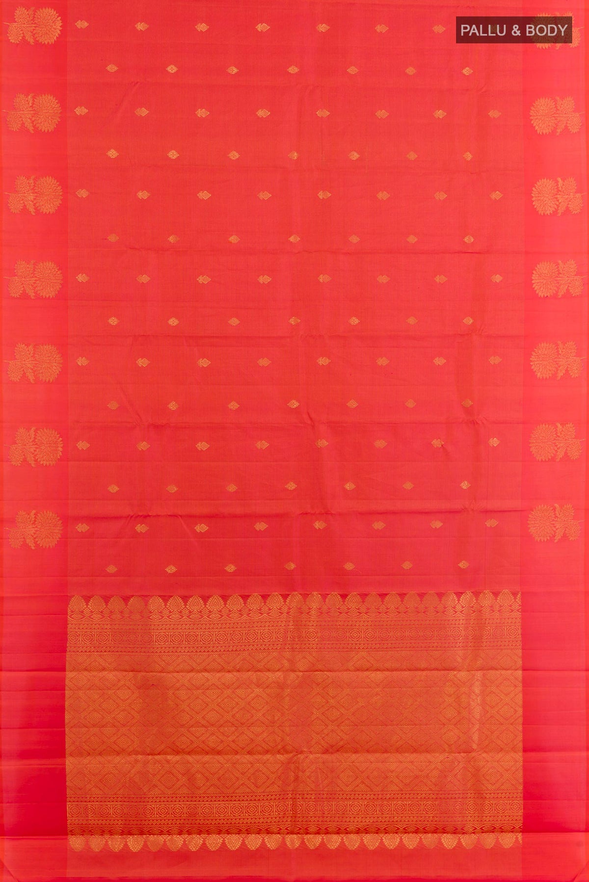 Flat view of Orange Kanchipuram Silk Saree with Checked design on the body and Zari Border. 