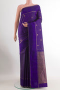 Dark Blue Kanchipuram Silk Saree with Checked design on the body and Zari Border.  displayed on a mannequin