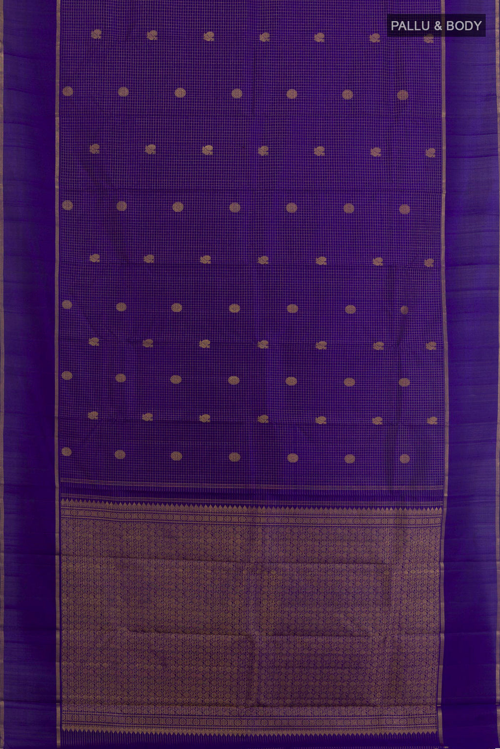 Flat view of Dark Blue Kanchipuram Silk Saree with Checked design on the body and Zari Border. 