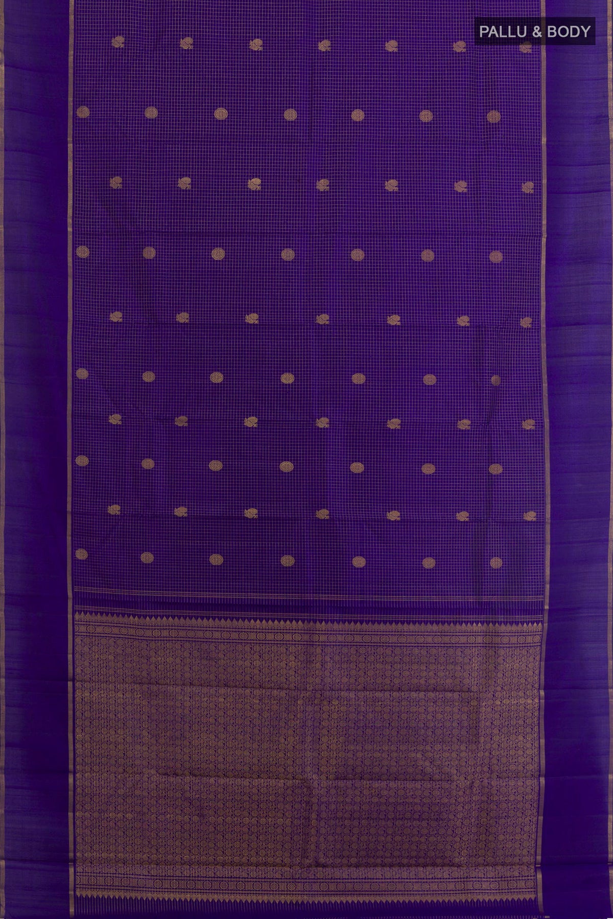 Flat view of Dark Blue Kanchipuram Silk Saree with Checked design on the body and Zari Border. 