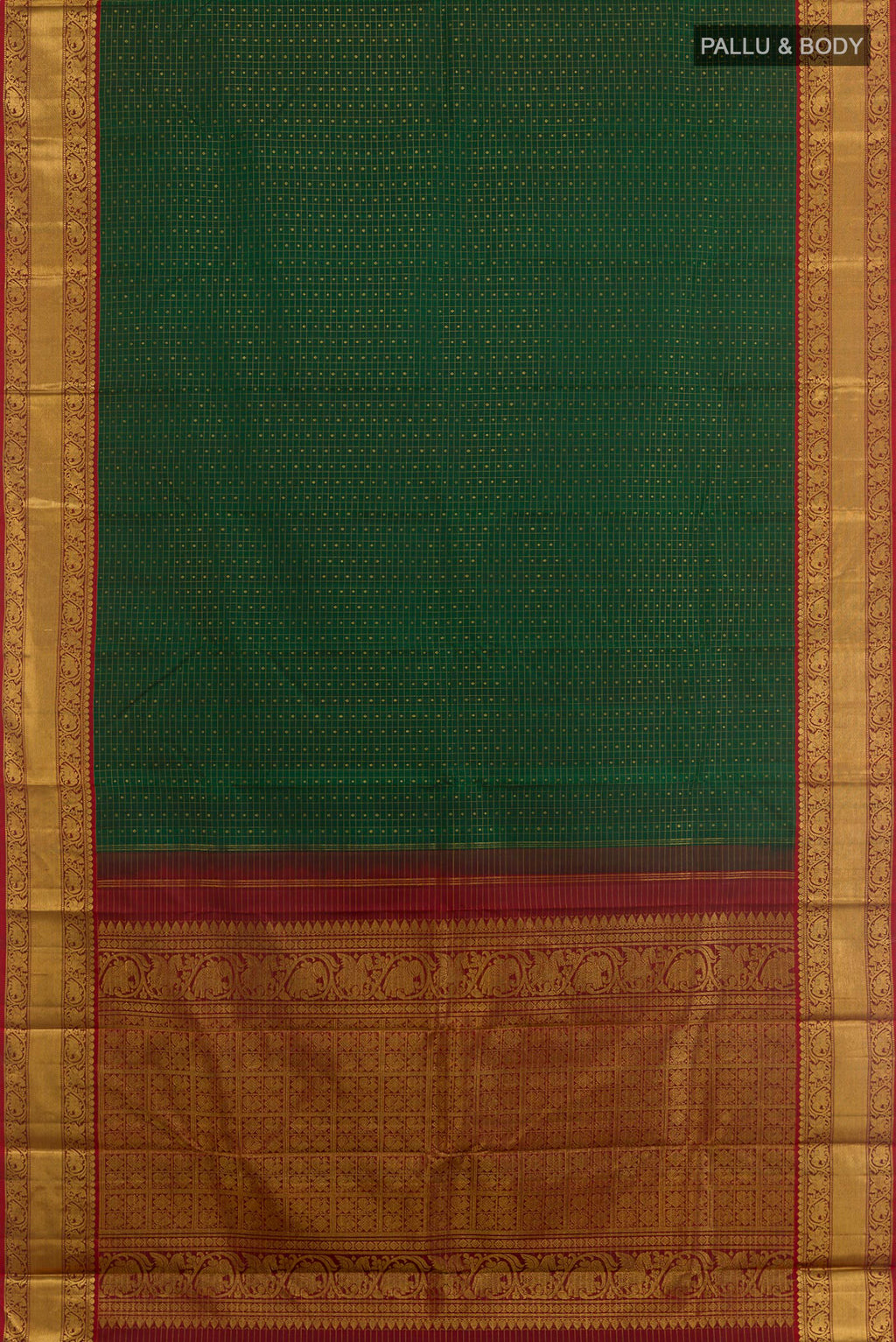 Flat view of Bottle Green Kanjivaram Silk Saree with Zari Butta on the body and Zari Border. 