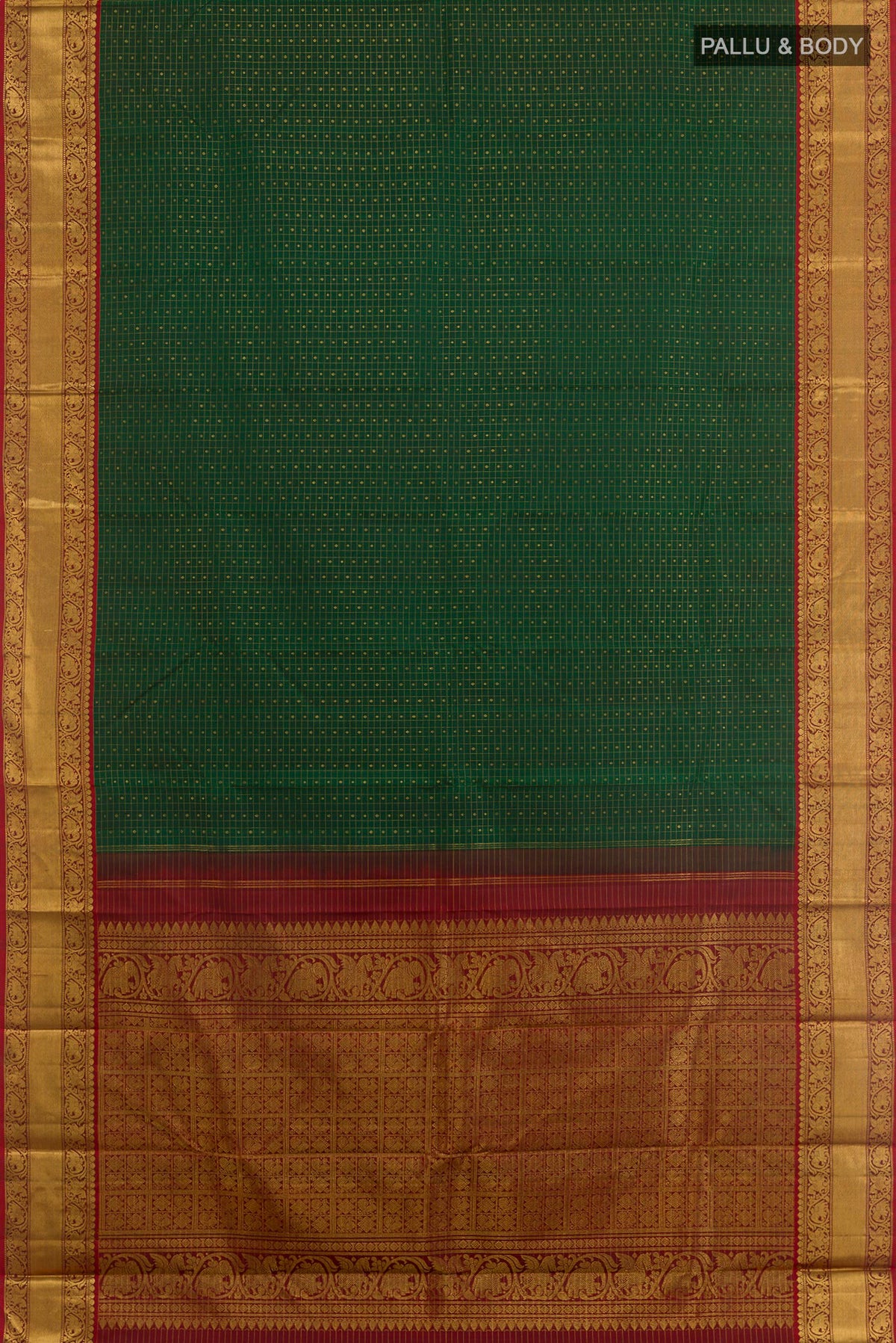 Flat view of Bottle Green Kanjivaram Silk Saree with Zari Butta on the body and Zari Border. 