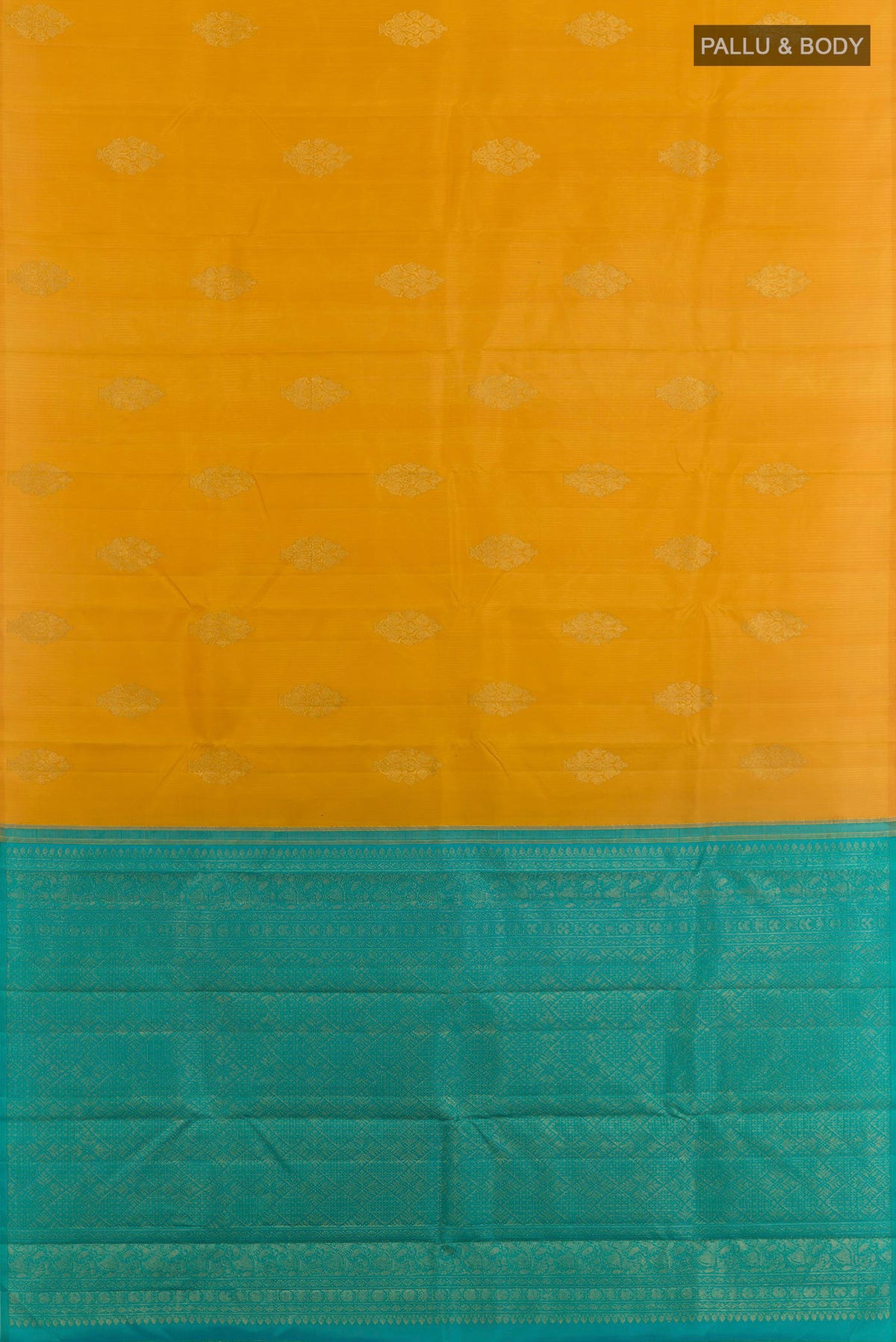 Flat view of Yellow Kanchipuram Silk Saree with Zari Butta on the body and Without Border. 
