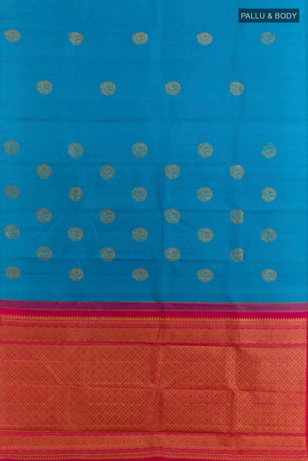 Flat view of Blue Kanchipuram Silk Saree with Zari Butta on the body and Without Border. 