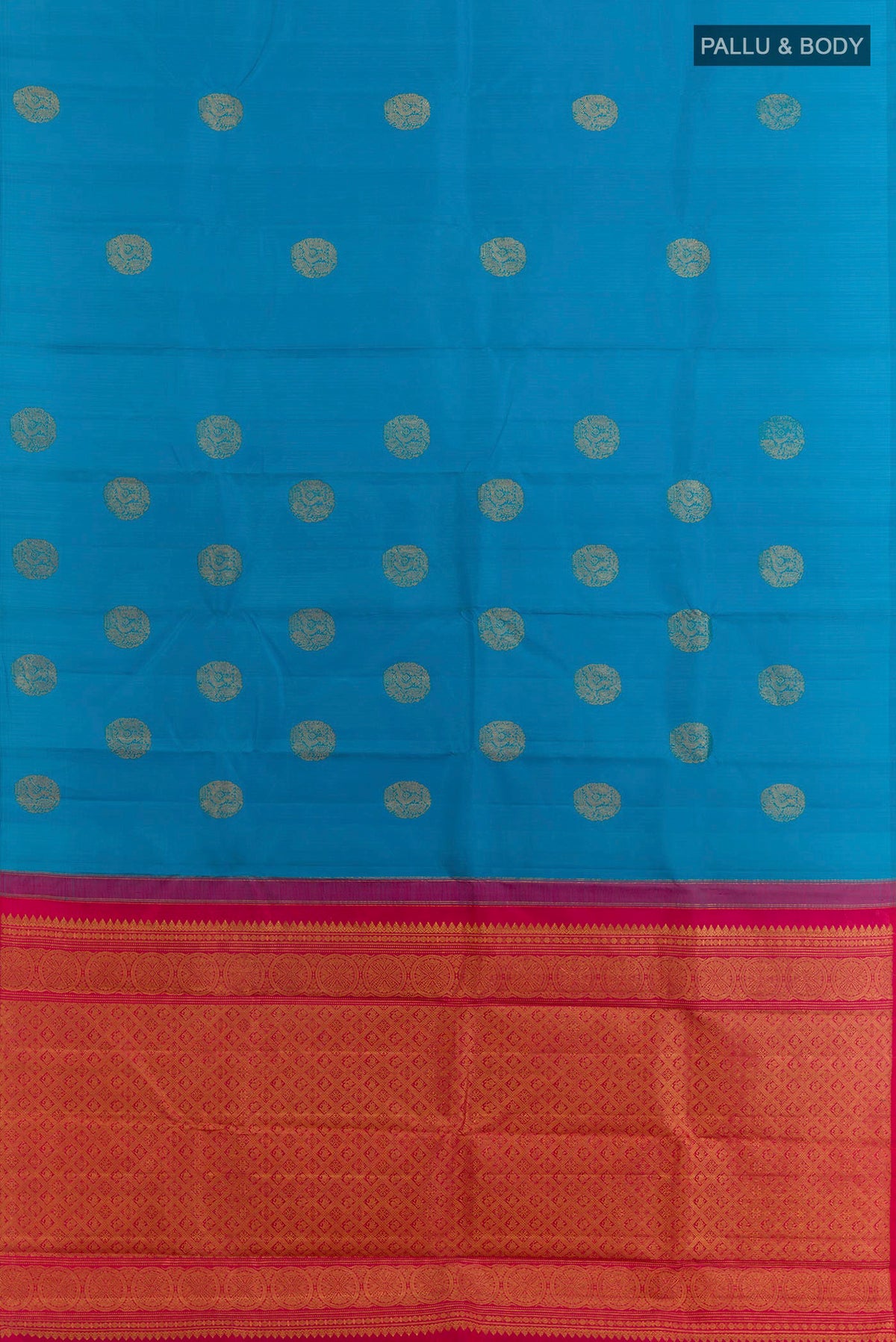 Flat view of Blue Kanchipuram Silk Saree with Zari Butta on the body and Without Border. 
