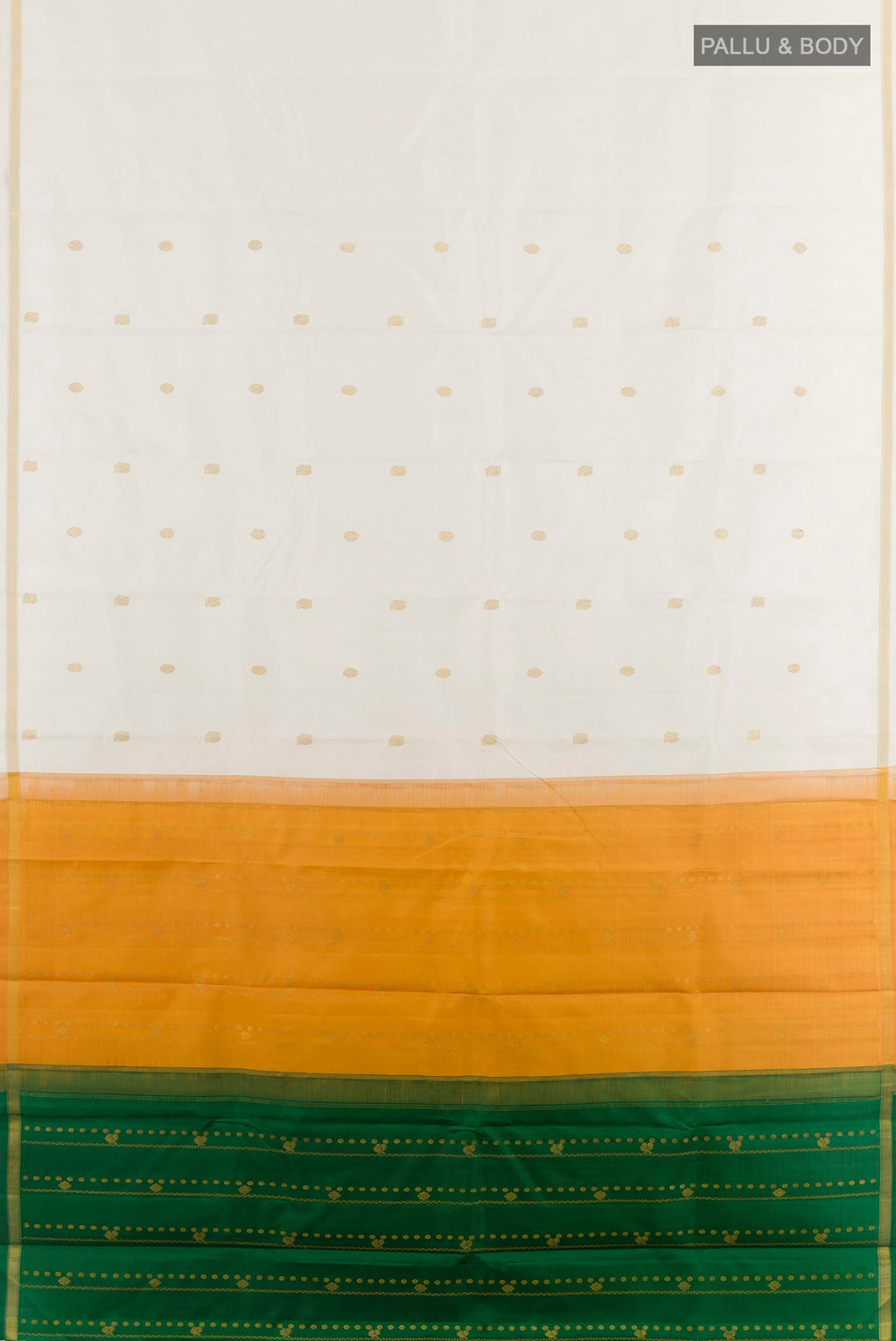 Flat view of Off White Kanchipuram Silk Saree with Zari Butta on the body and Zari Border. 