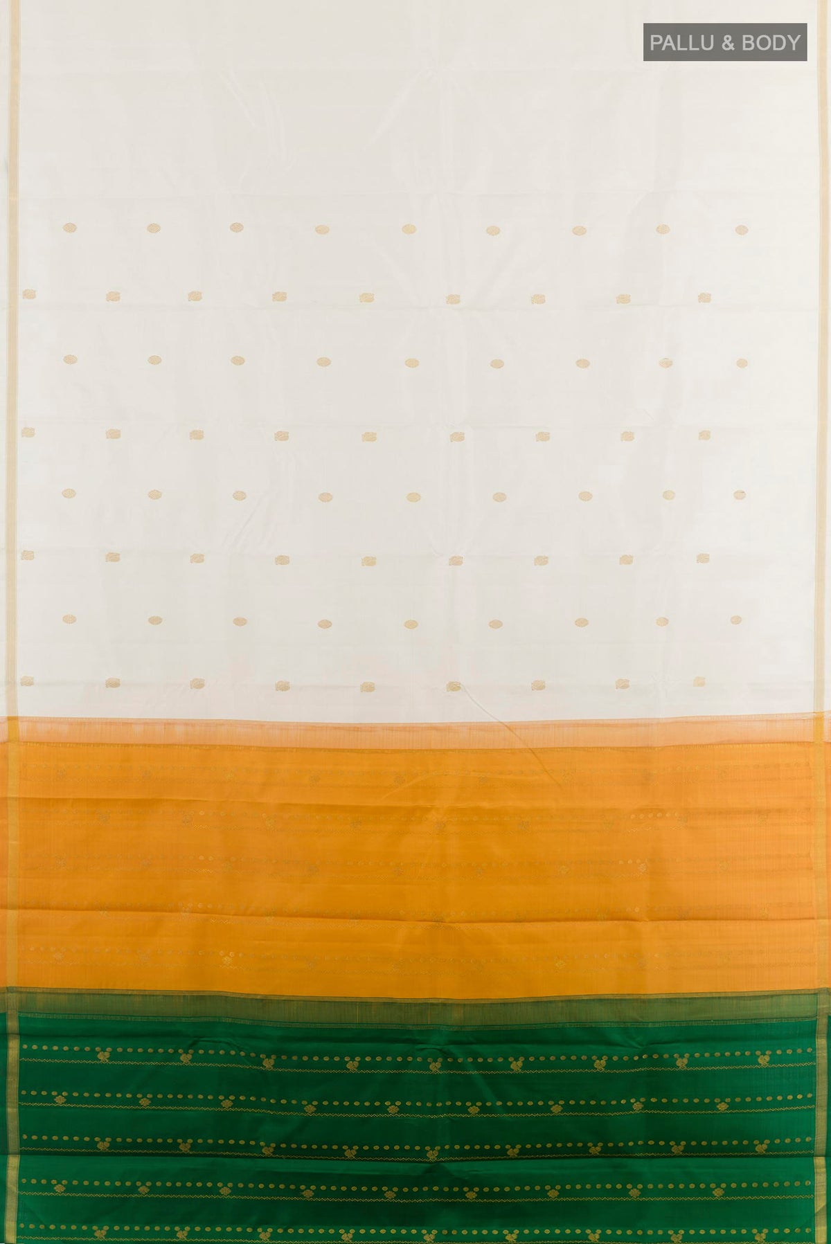 Flat view of Off White Kanchipuram Silk Saree with Zari Butta on the body and Zari Border. 
