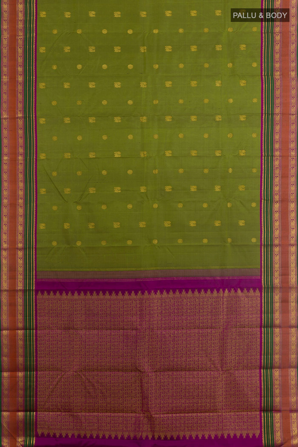 Flat view of Mehandi Green Kanchipuram Silk Saree with Zari Butta on the body and Zari Border. 