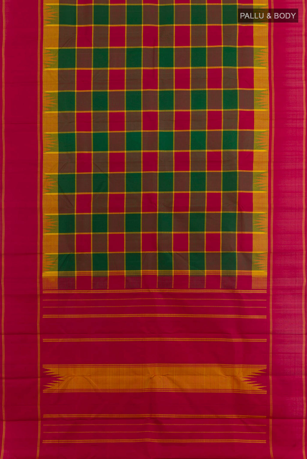 Flat view of Multi Color Kanjivaram Silk Saree with Checked design on the body and Plain Border. 