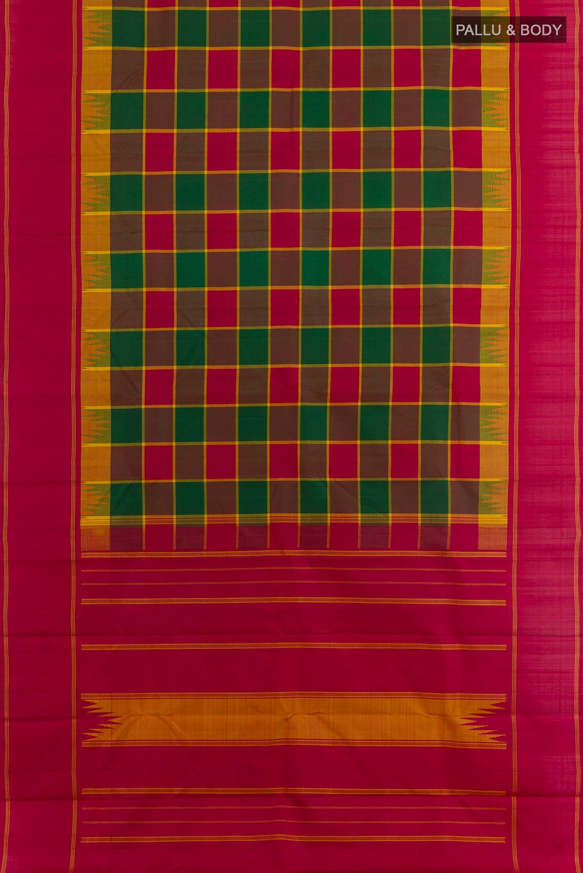 Flat view of Multi Color Kanjivaram Silk Saree with Checked design on the body and Plain Border. 