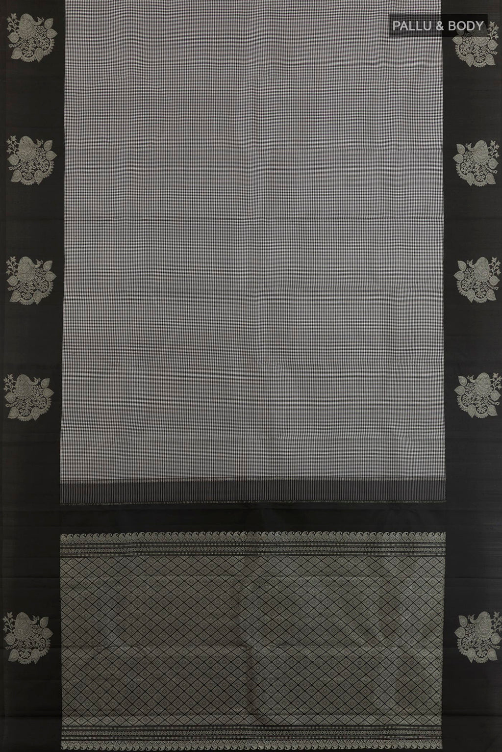 Flat view of Multi Color Kanjivaram Silk Saree with Checked design on the body and Zari Border. 
