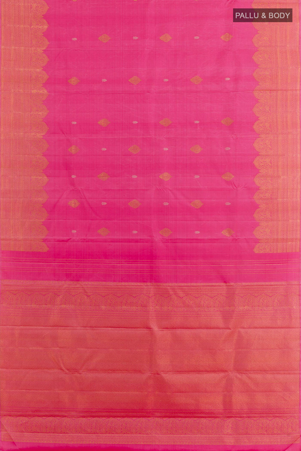 Flat view of Pink Kanjivaram Silk Saree with Zari Butta on the body and Fancy Border. 