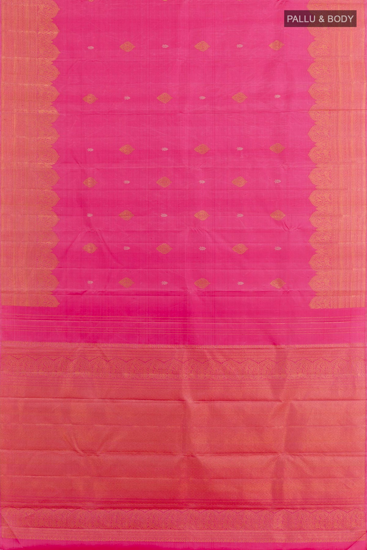 Flat view of Pink Kanjivaram Silk Saree with Zari Butta on the body and Fancy Border. 
