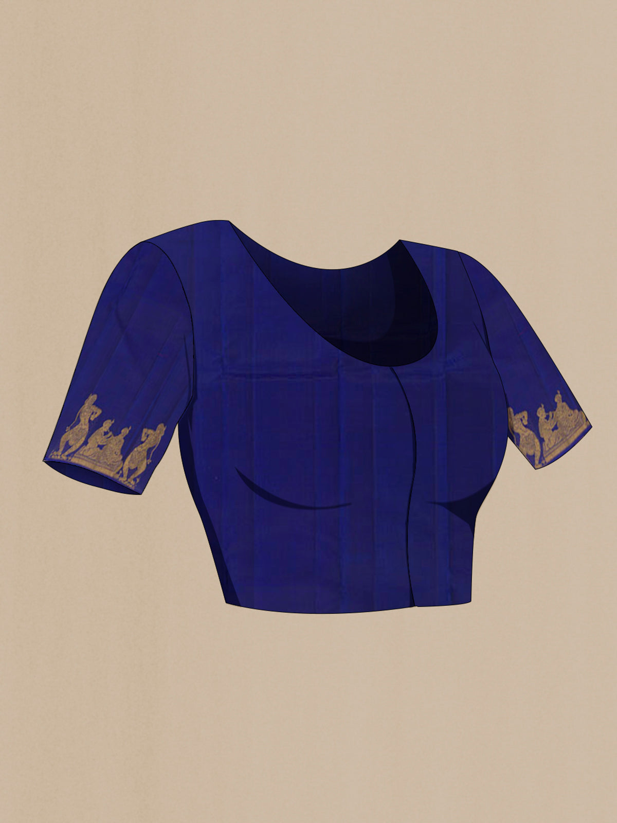 Close up image of the blouse of Blue Kanjivaram Silk Saree with Zari Butta on the body and Fancy Border. 