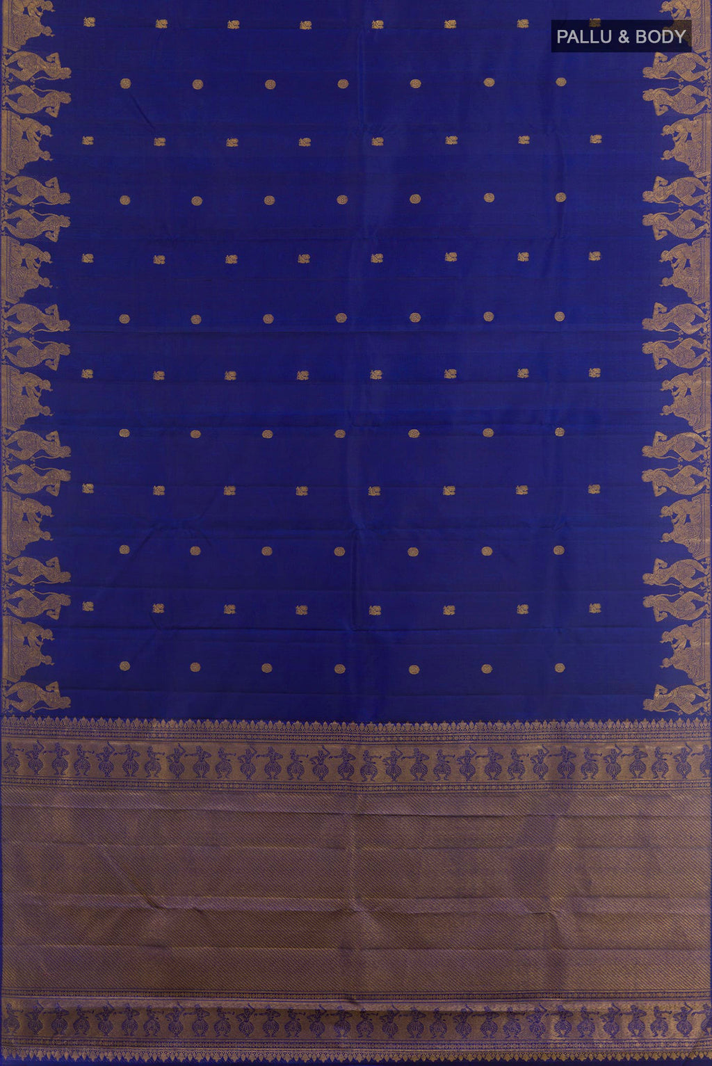 Flat view of Blue Kanjivaram Silk Saree with Zari Butta on the body and Fancy Border. 