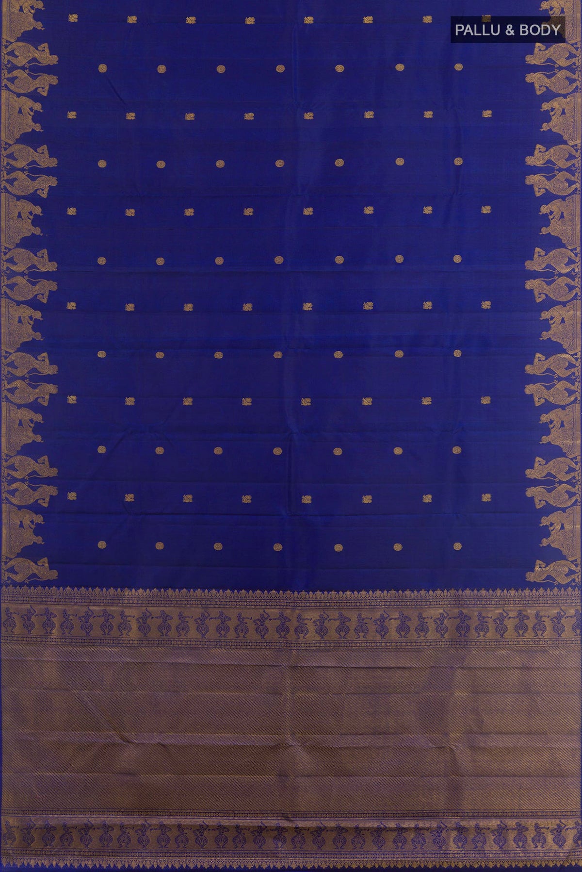 Flat view of Blue Kanjivaram Silk Saree with Zari Butta on the body and Fancy Border. 