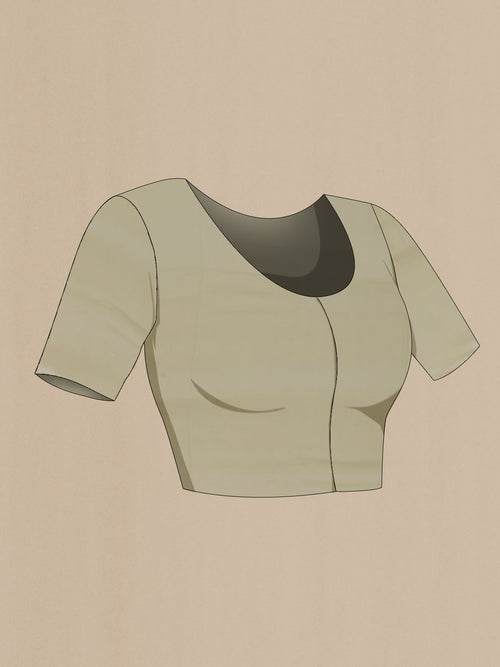 Close up image of the blouse of Beige Chiffon Saree with Printed design on the body and Plain Border. 