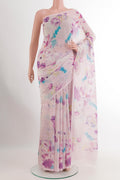 Rose pink Chiffon Saree with Printed design on the body and Plain Border.  displayed on a mannequin