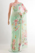 Light Green Chiffon Saree with Printed design on the body and Plain Border.  displayed on a mannequin