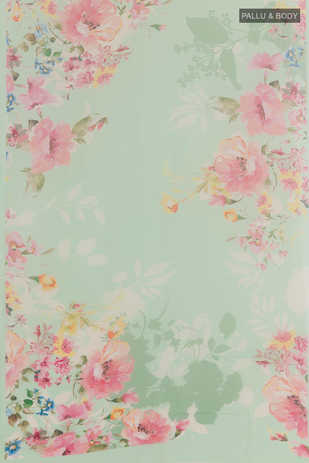 Flat view of Light Green Chiffon Saree with Printed design on the body and Plain Border. 