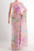 Pink Chiffon Saree with Printed design on the body and Plain Border.  displayed on a mannequin