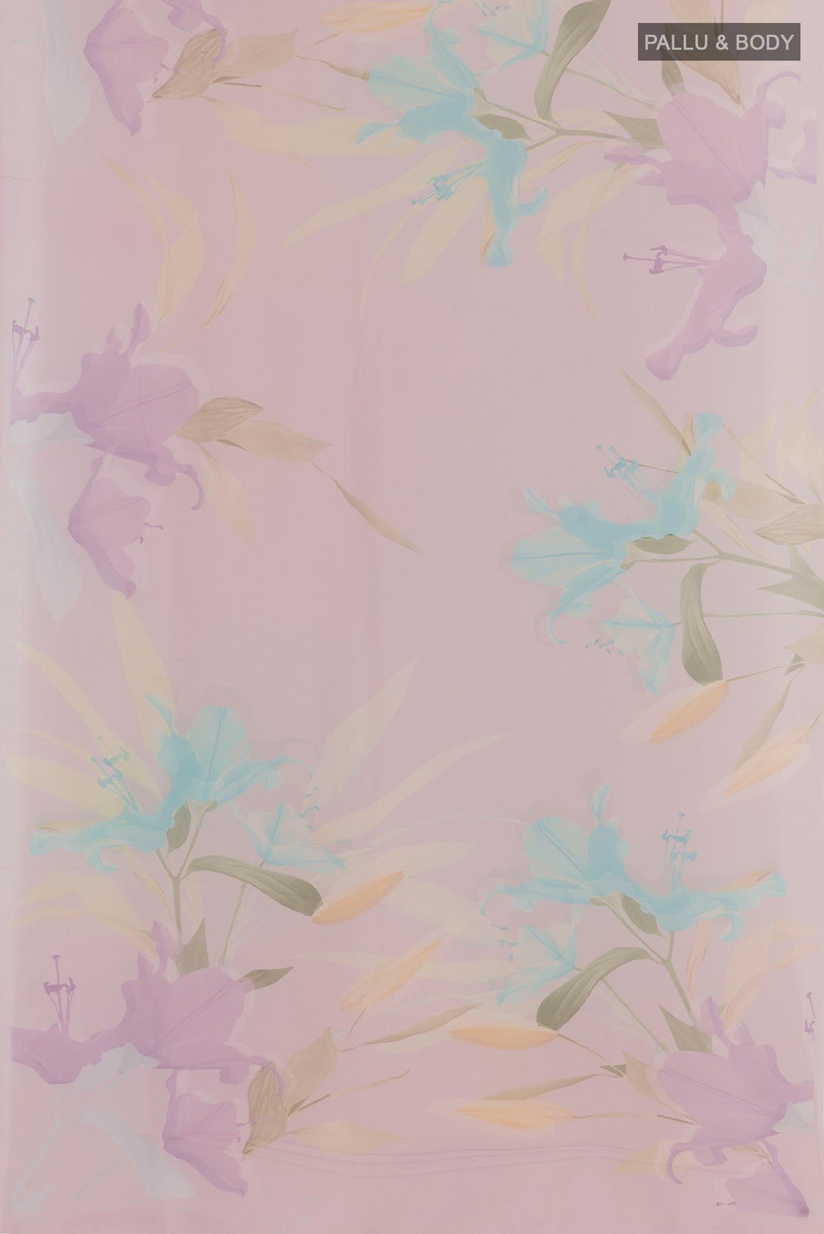 Flat view of Pink Chiffon Saree with Printed design on the body and Plain Border. 