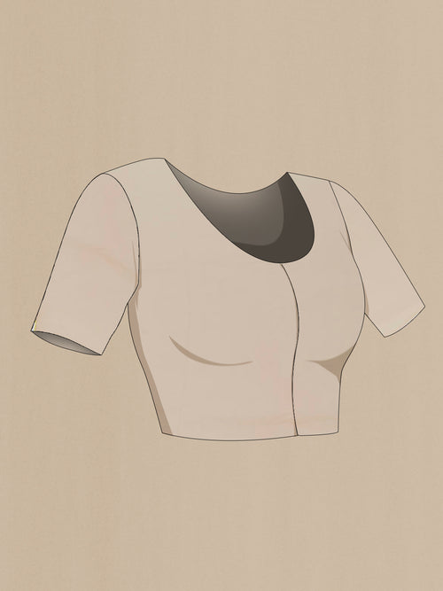 Close up image of the blouse of Beige Chiffon Saree with Printed design on the body and Plain Border. 