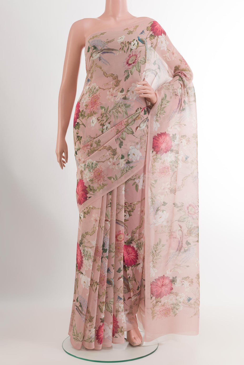 Rose pink Chiffon Saree with Printed design on the body and Plain Border.  displayed on a mannequin