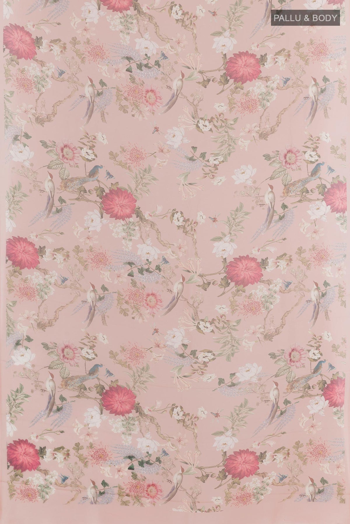 Flat view of Rose pink Chiffon Saree with Printed design on the body and Plain Border. 