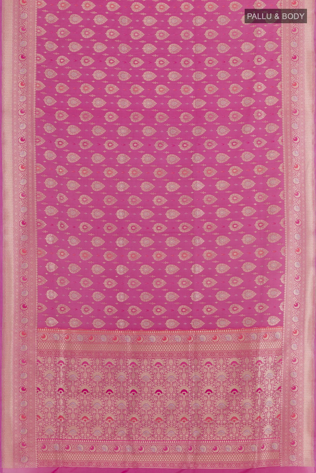 Flat view of Pink Banarasi Silk Saree with Zari Butta on the body and Zari Border. 