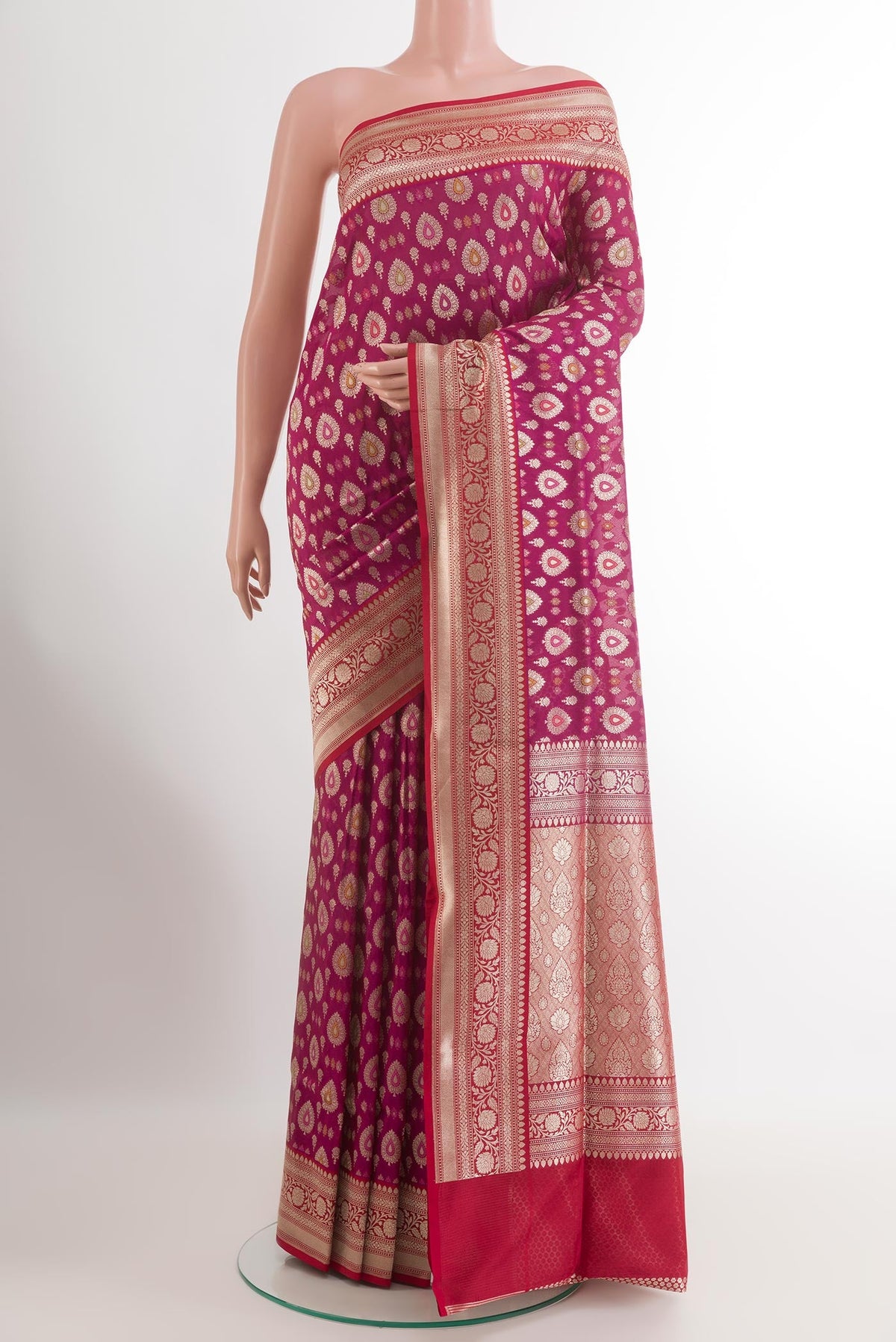 Purple Banarasi Silk Saree with Zari Brocade on the body and Zari Border.  displayed on a mannequin