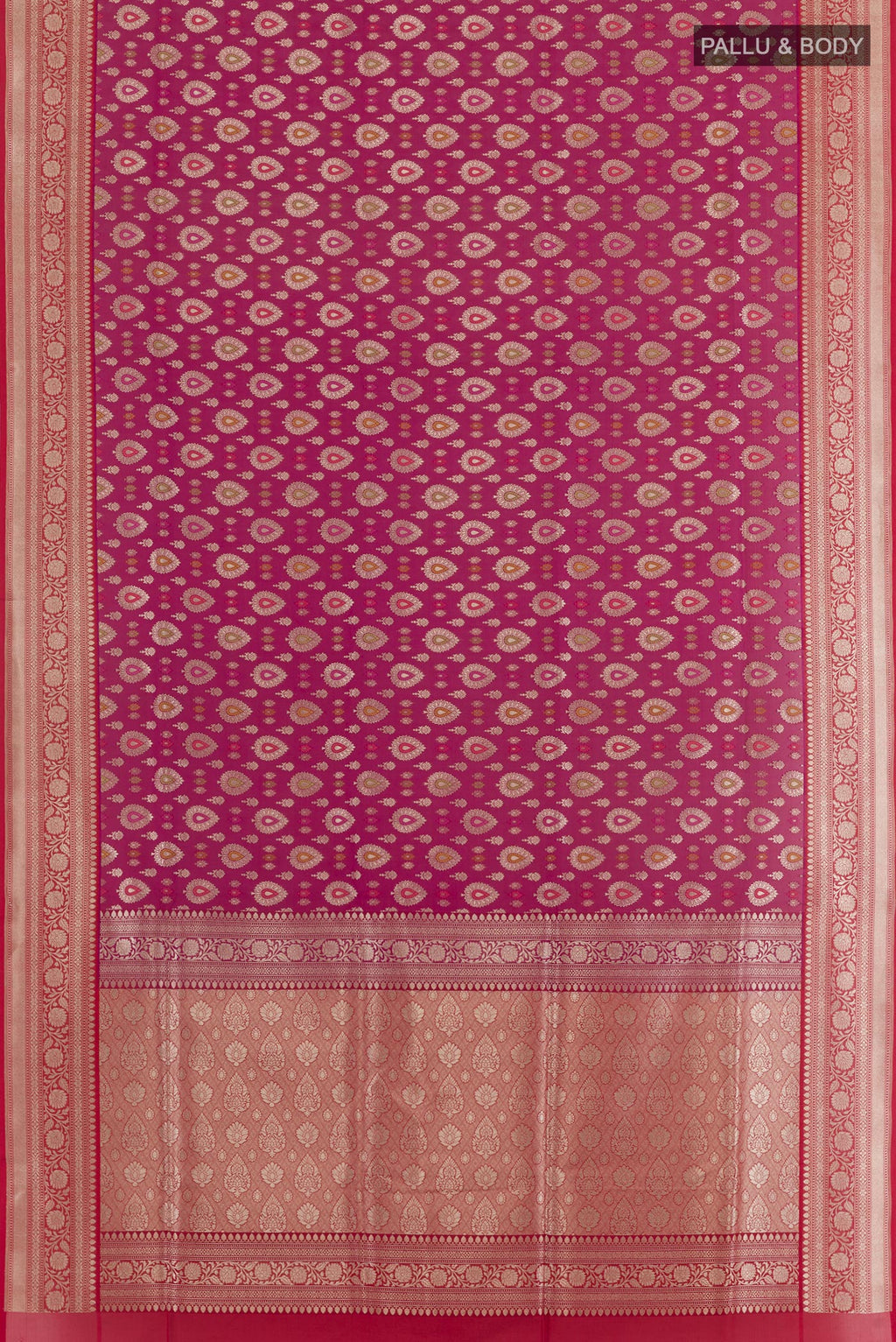 Flat view of Dark Pink Banarasi Silk Saree with Zari Brocade on the body and Zari Border. 