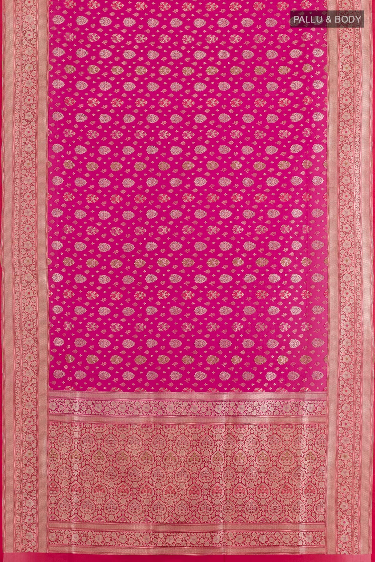 Flat view of Pink Banarasi Silk Saree with Zari Brocade on the body and Zari Border. 