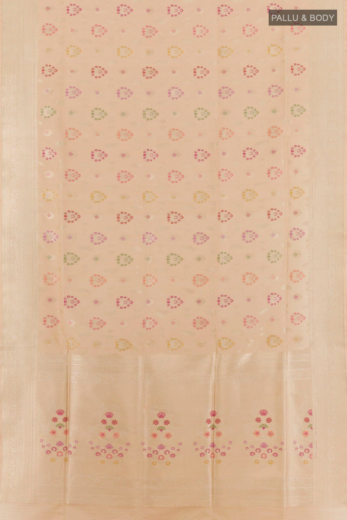 Flat view of Beige Banarasi Silk Saree with Zari Brocade on the body and Zari Border. 
