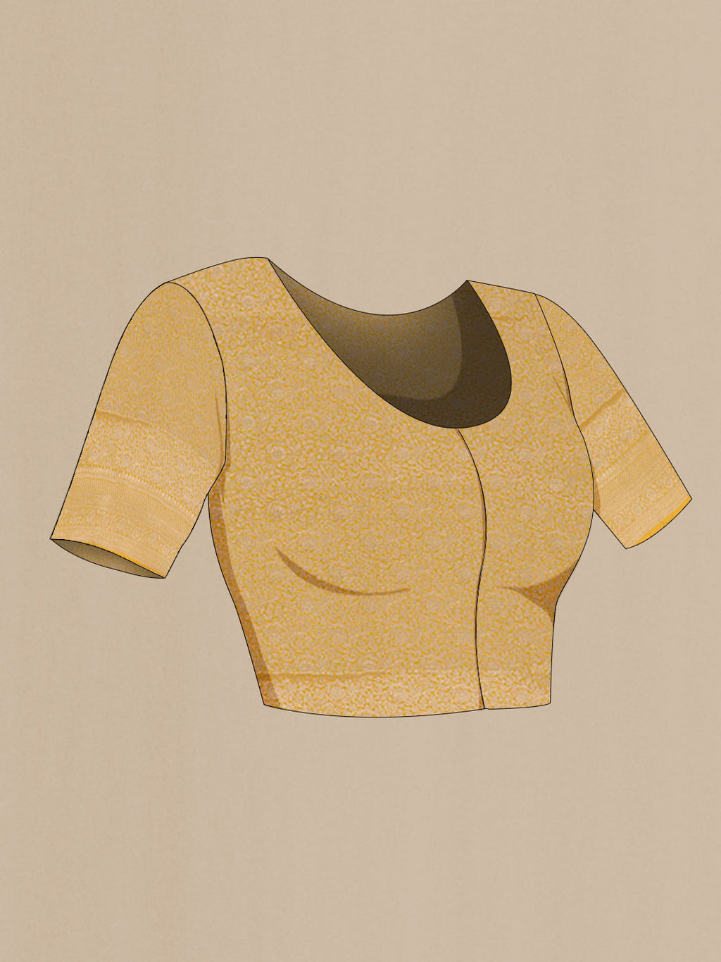 Close up image of the blouse of Yellow Banarasi Silk Saree with Zari Butta on the body and Zari Border. 