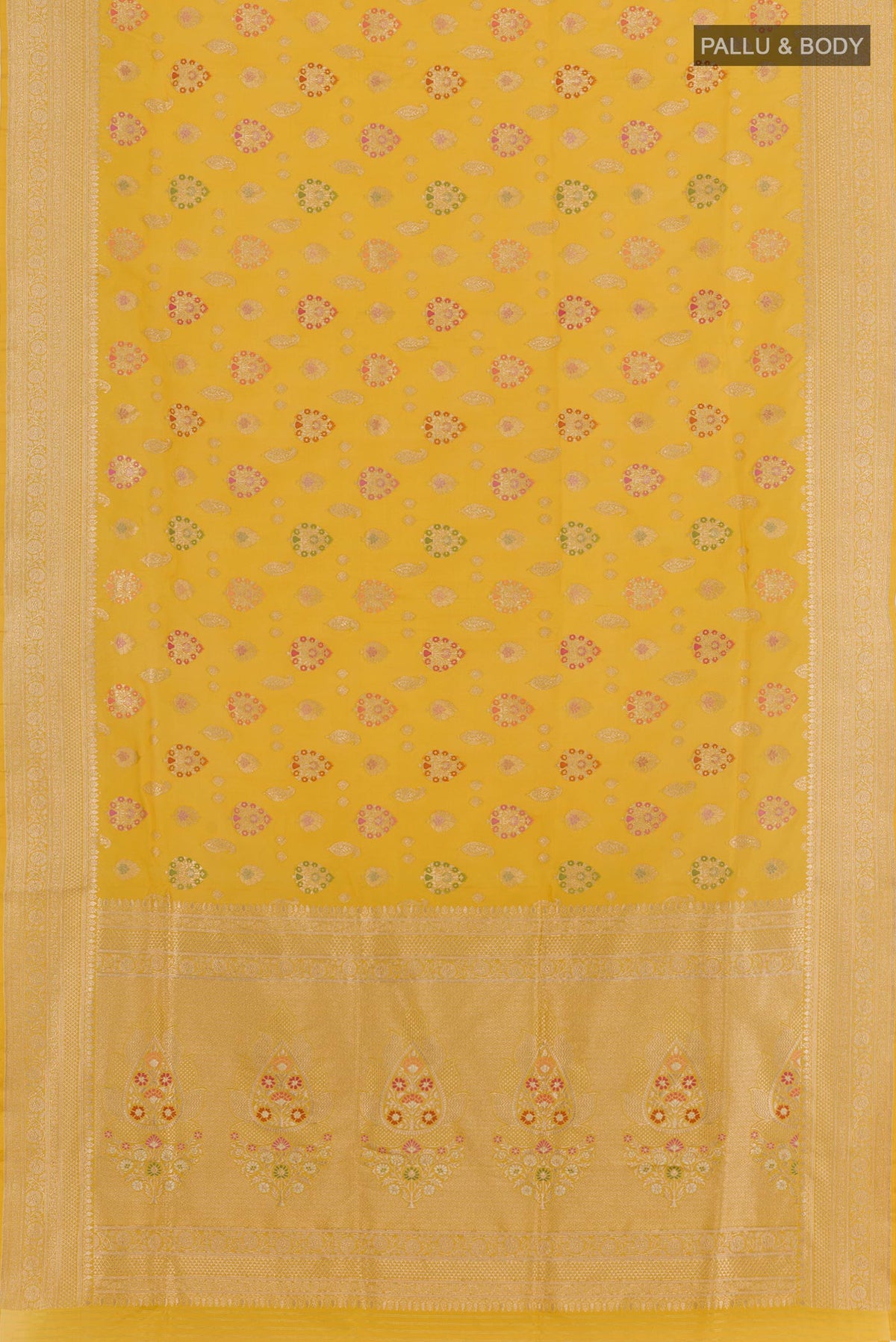 Flat view of Yellow Banarasi Silk Saree with Zari Butta on the body and Zari Border. 